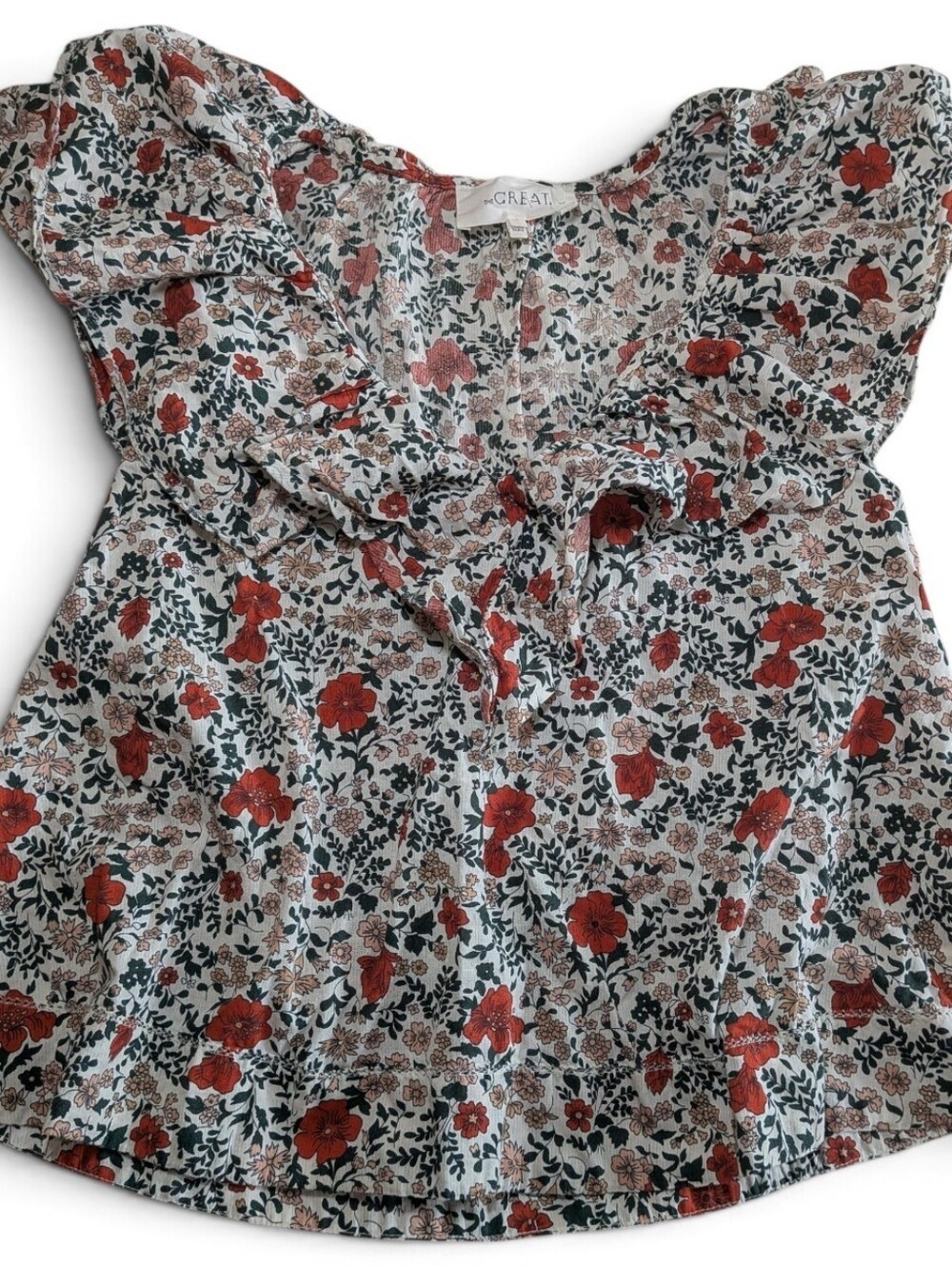 THE GREAT. The Flutter Floral 100% Cotton Prairie Ruffle Collar Blouse Top 1 S